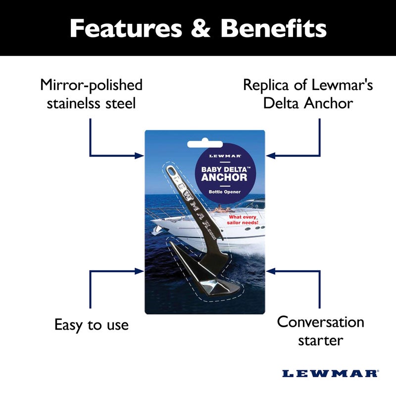 Lewmar Baby Delta Anchor Bottle Opener, 5-1/4" L x 2" W x 1-1/2" H Mirror-Polished Stainless Steel, Boat Galley Gift, Novelty Replica - Image 2